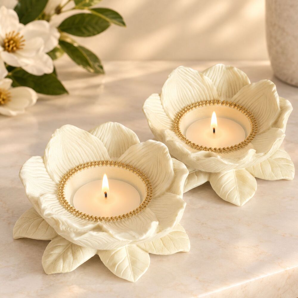 PartyLite P7369 Magnolia Lotus Flower Candle Holders Set of 2 Bisque Porcelain